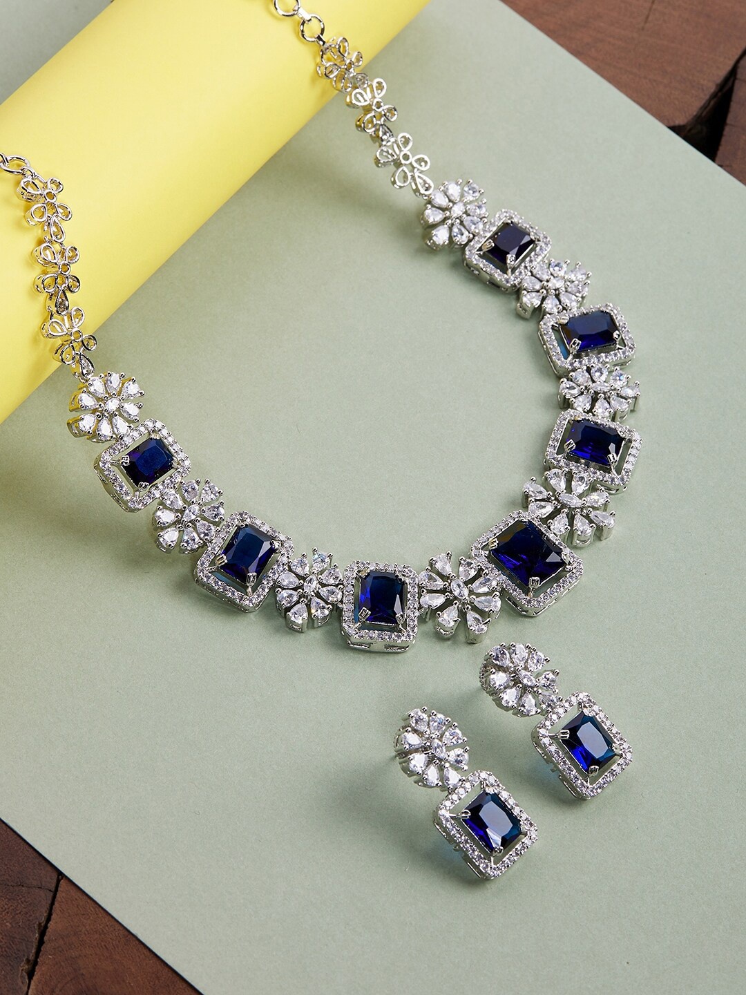 

GloBox By ZeroKaata Rhodium-Plated Silver-Toned & Blue AD Handcrafted Jewellery Set