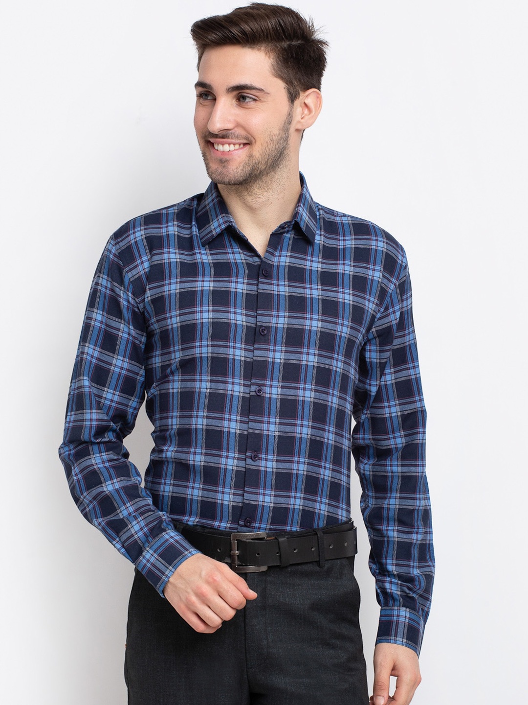

JAINISH Men Blue & Navy Blue Opaque Checked Formal Shirt