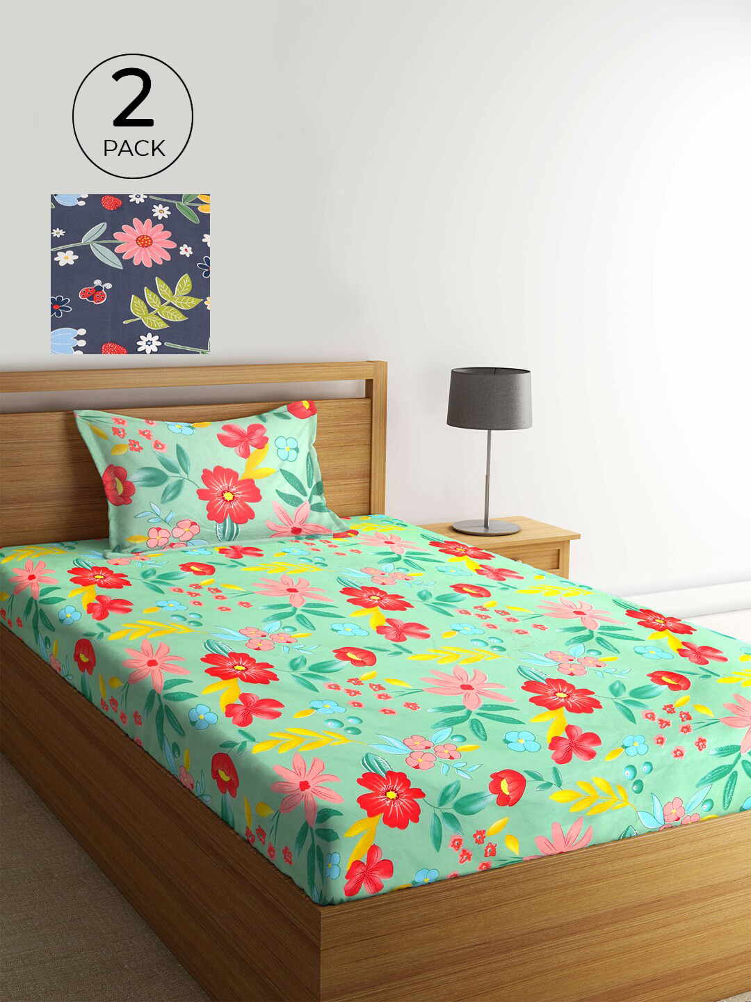 

KLOTTHE Grey & Green Floral 210 TC 2 Single Bedsheet with 2 Pillow Covers