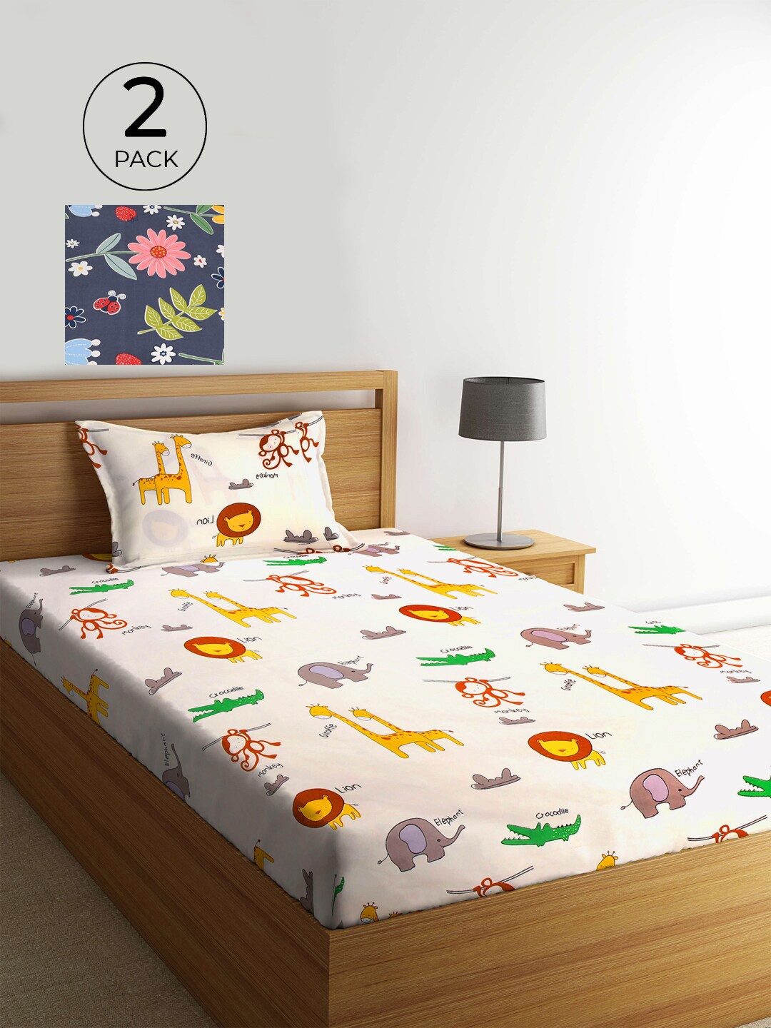 

KLOTTHE White & Yellow Cartoon Characters 210 TC 2 Single Bedsheet with 2 Pillow Covers