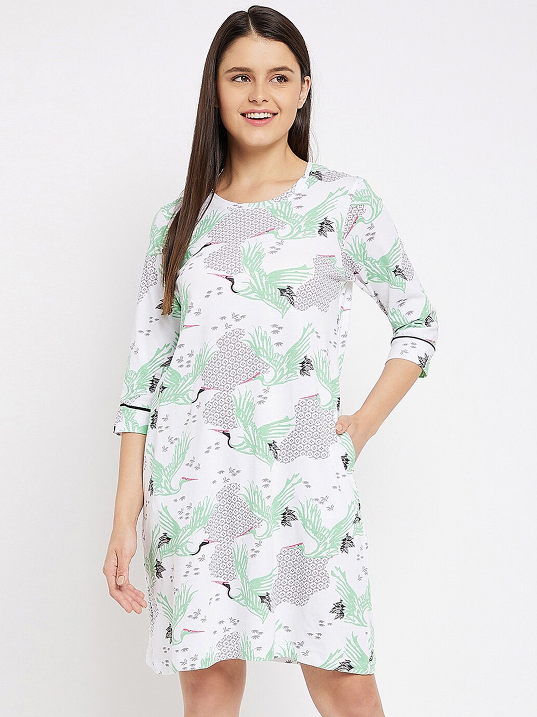 

Clovia White Printed Pure Cotton Nightdress