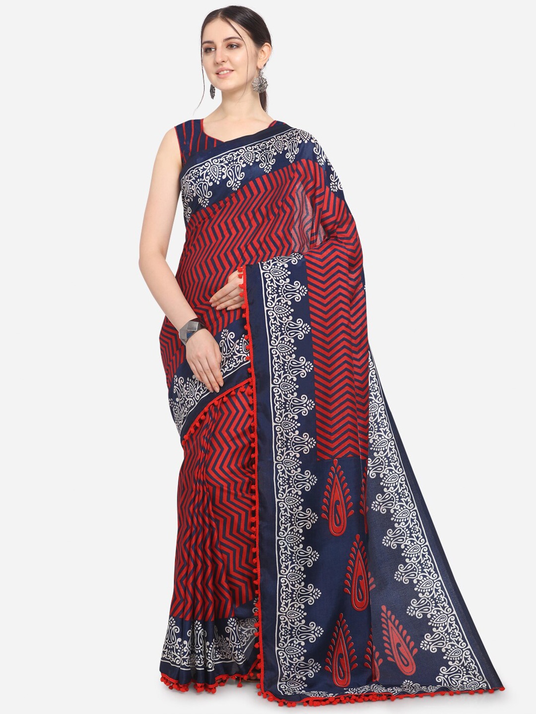 

KALINI Red & Navy Blue Ethnic Motifs Silk Cotton Ikat Saree