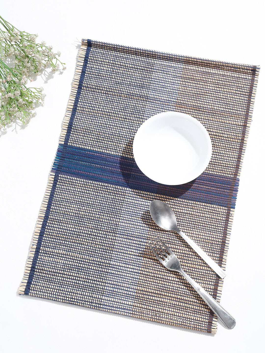 

Fabindia Set of 4 Off-White & Blue Woven-Design Table Placemats