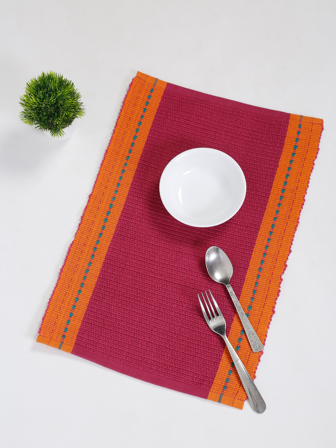 

Fabindia Set of 4 Fuchsia Pink & Orange Woven-Design Cotton Table Placemats