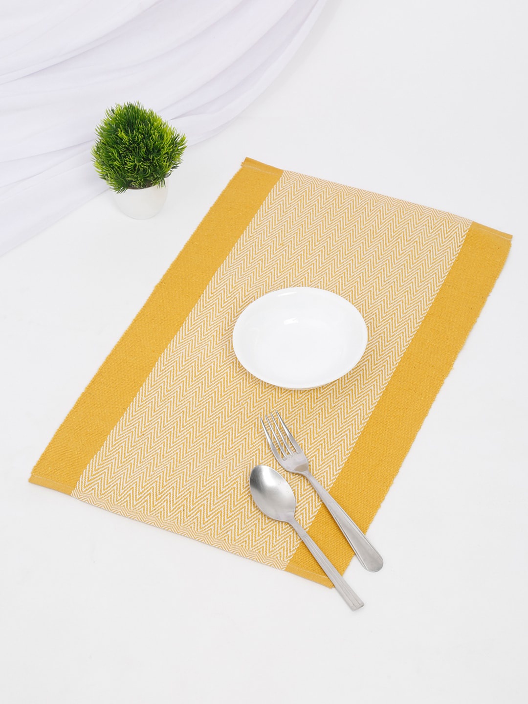 

Fabindia Set Of 4 Yellow & White Woven-Design Cotton Table Placemats