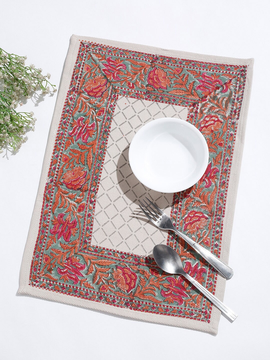 

Fabindia Set Of 4 Green & Orange Printed Cotton Table Placemats