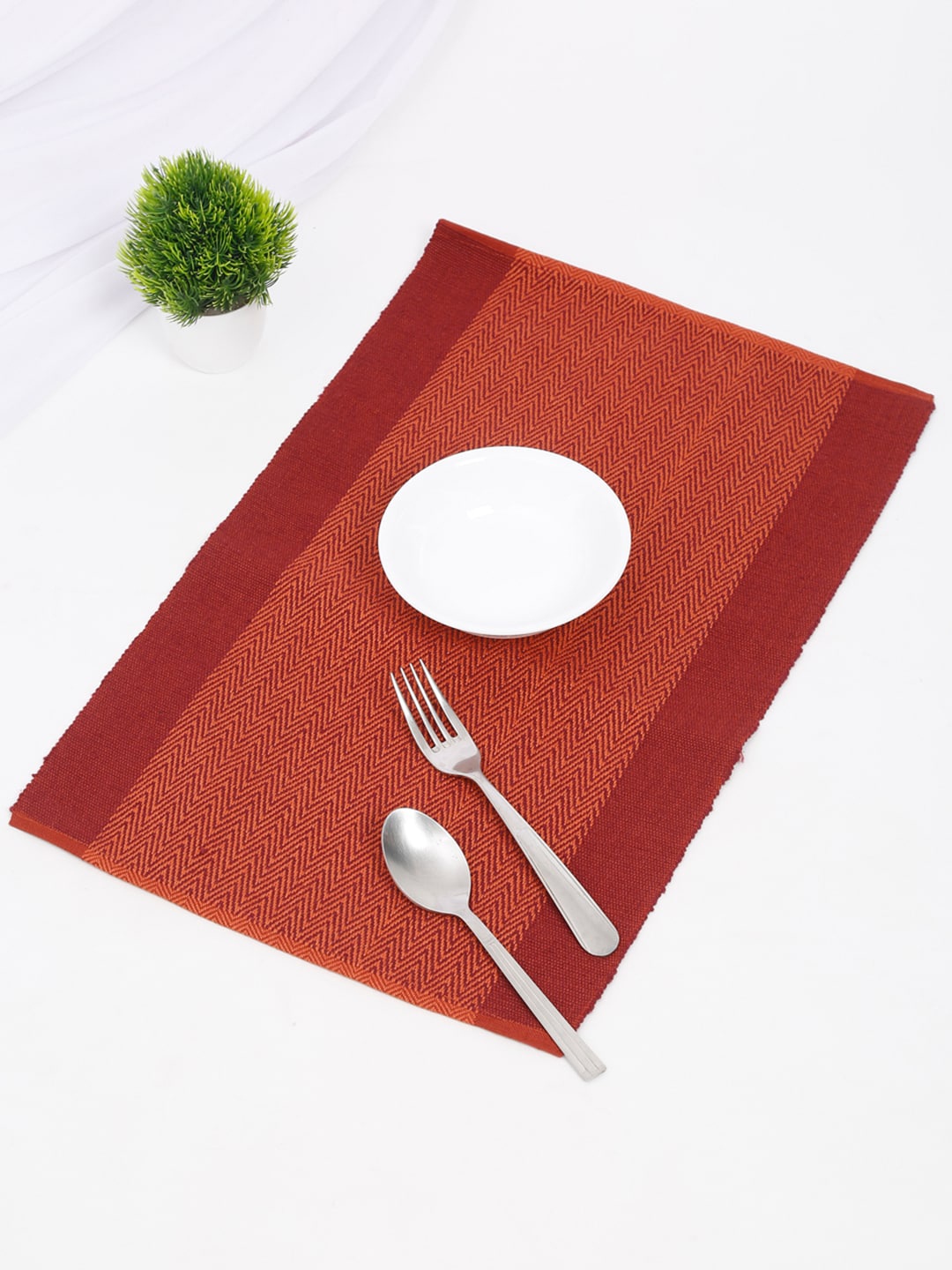 

Fabindia Set Of 4 Red & Orange Woven-Design Cotton Table Placemats