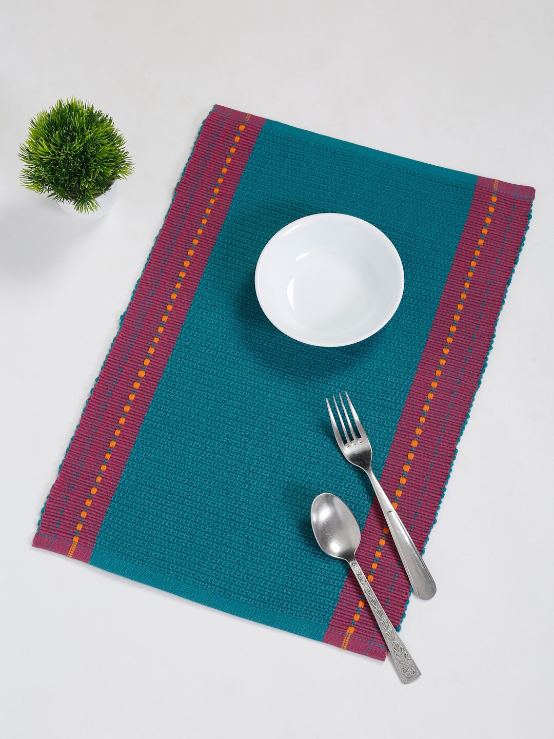 

Fabindia Set Of 4 Teal Blue & Pink Woven-Design Cotton Table Placemats