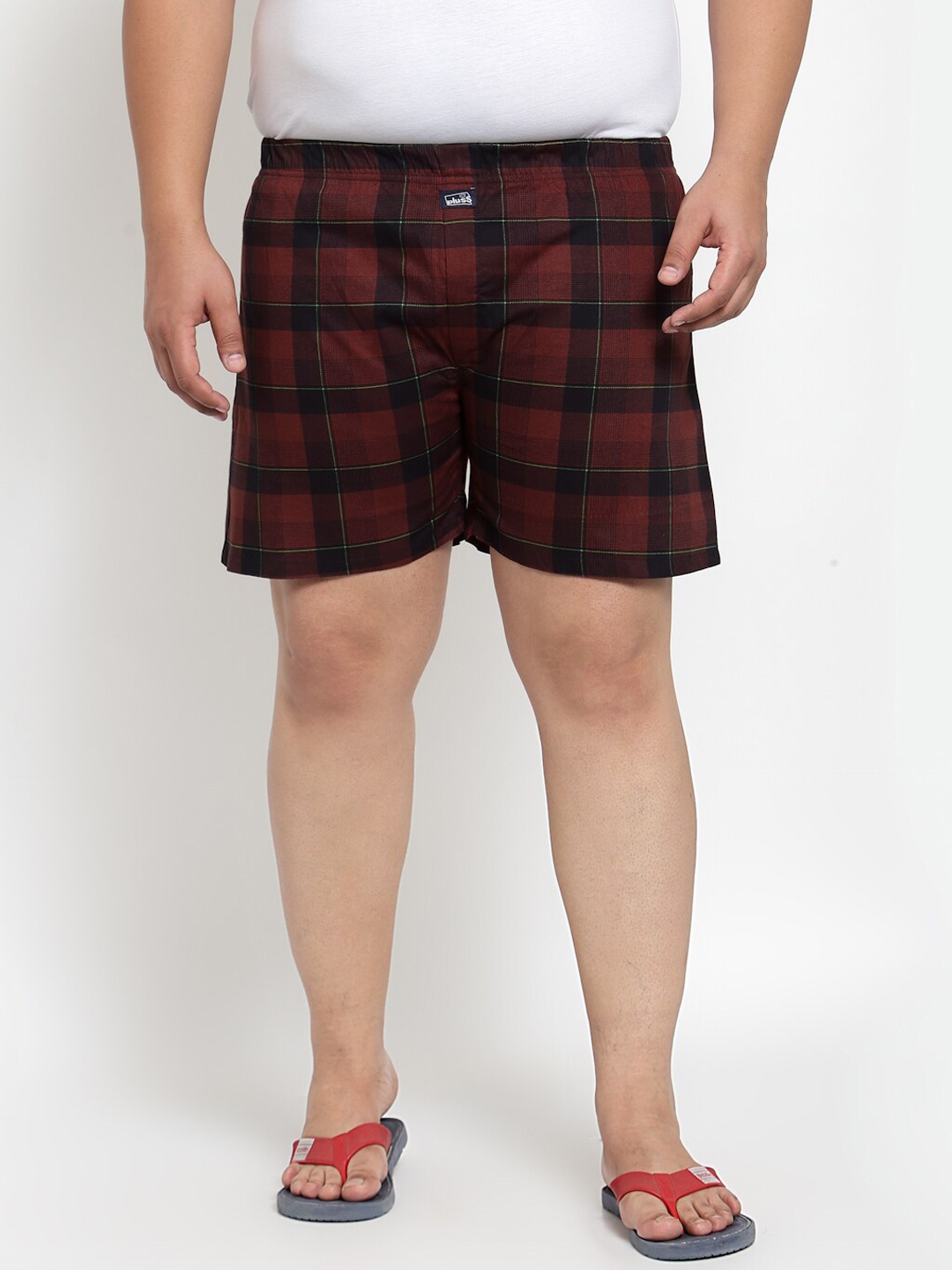 

plusS Men Rust Brown & Red Checked Pure Cotton Boxers