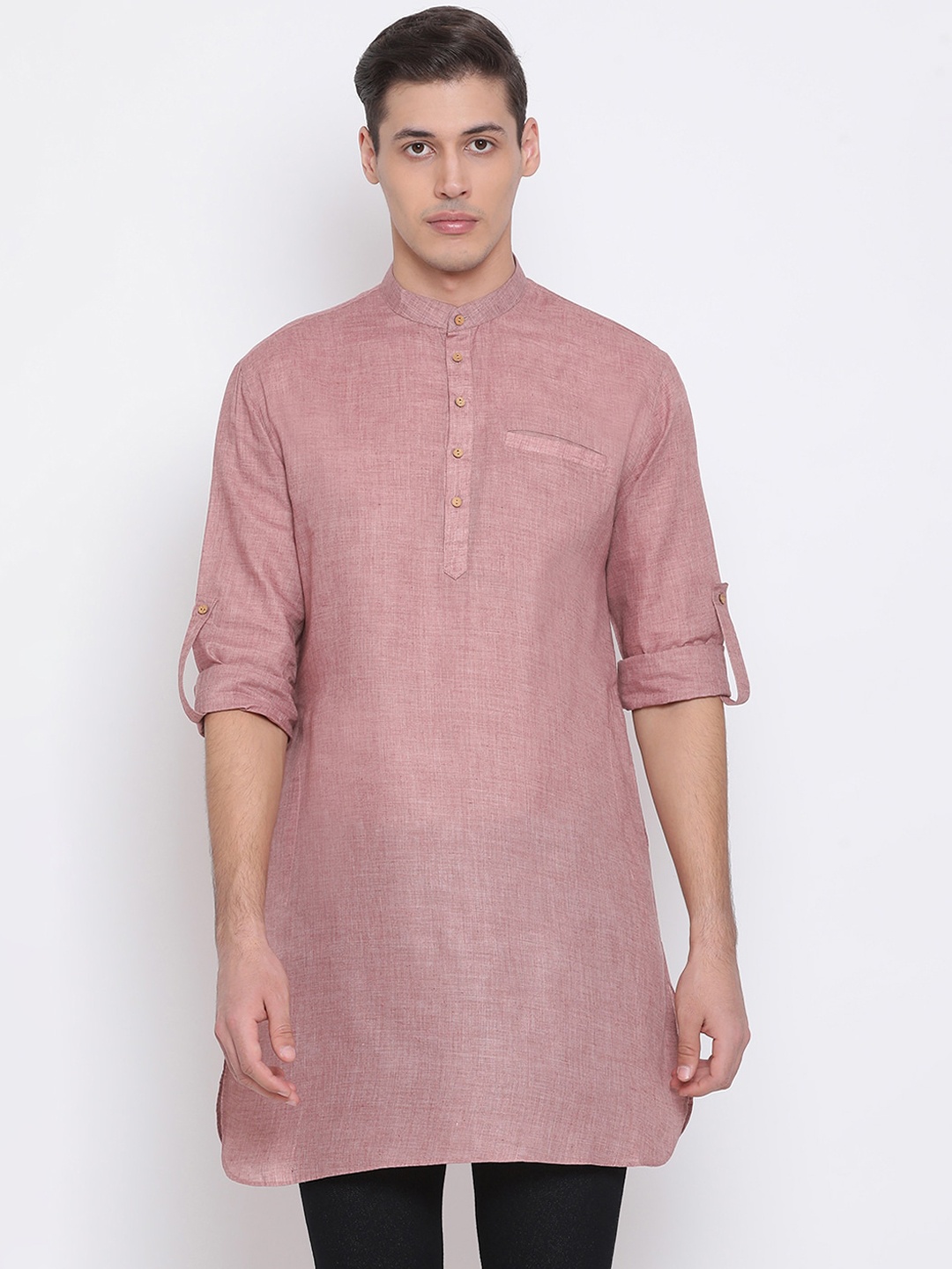 

VASTRAMAY Men Pink Yoke Design Thread Work Kurta