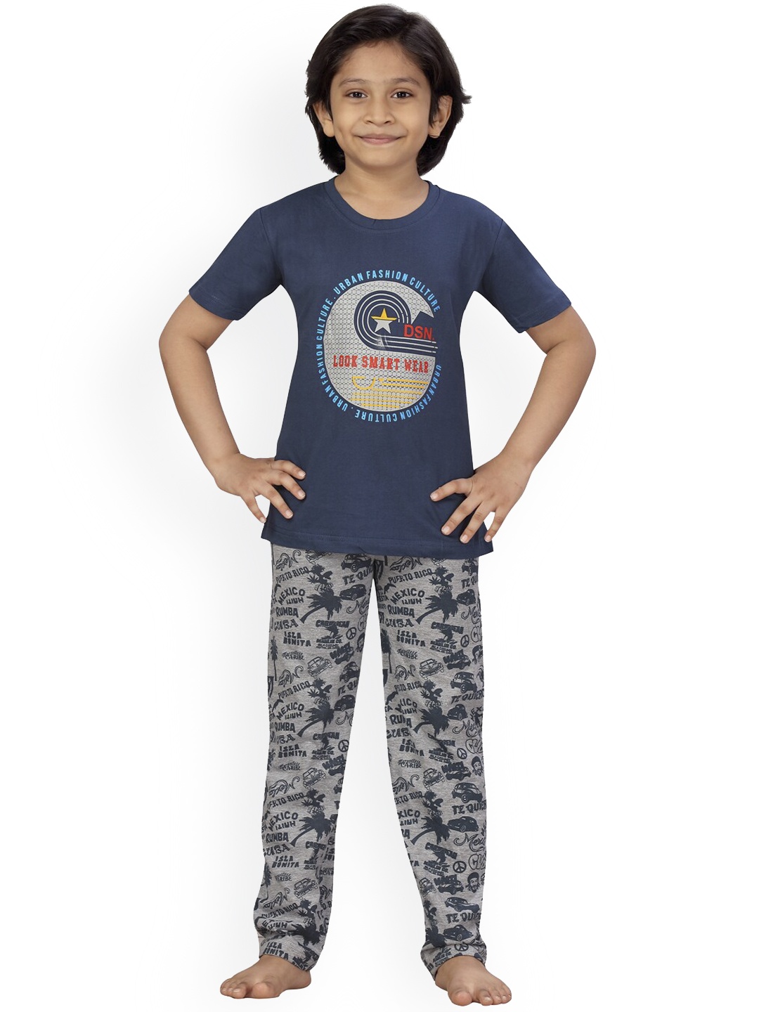 

LITTLE MAFIA BY Aarika Boys Navy Blue & Grey Printed Night suit