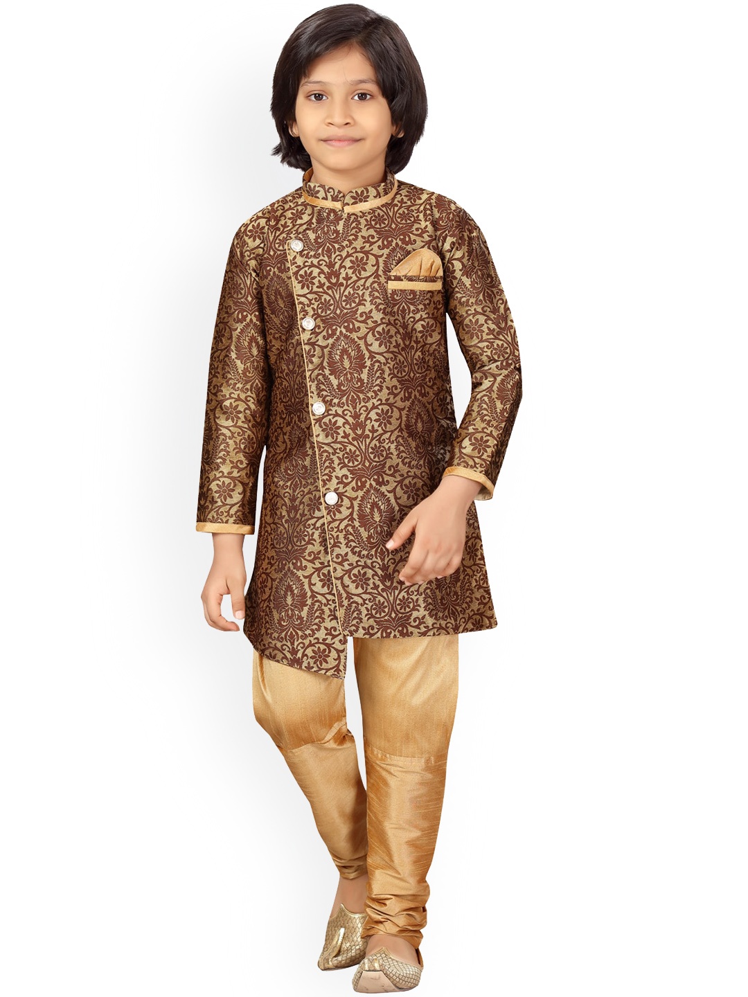 

LITTLE MAFIA BY Aarika Boys Coffee Brown & Gold Silk Woven Design Sherwani Set