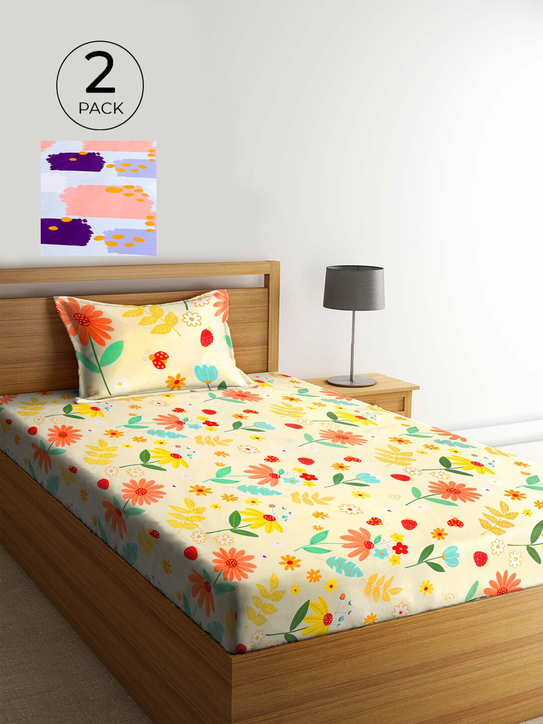 

KLOTTHE Pack of 2 Multicoloured Floral 210 TC Single Bedsheet & Pillow Covers, Multi