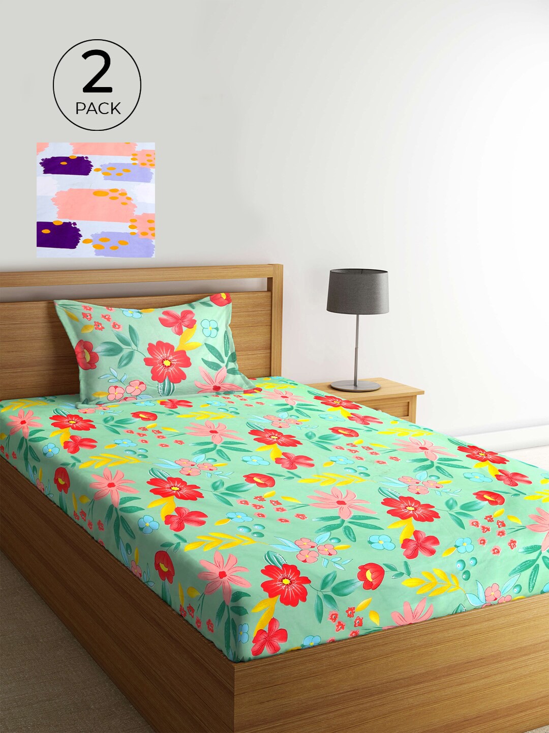 

KLOTTHE Pack of 2 Multicoloured Floral 210 TC Single Bedsheet & Pillow Covers, Multi