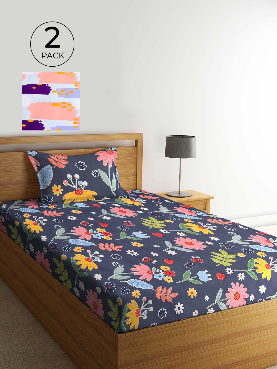 

KLOTTHE Pack of 2 Multicoloured Floral 210 TC Single Bedsheet & Pillow Covers, Multi