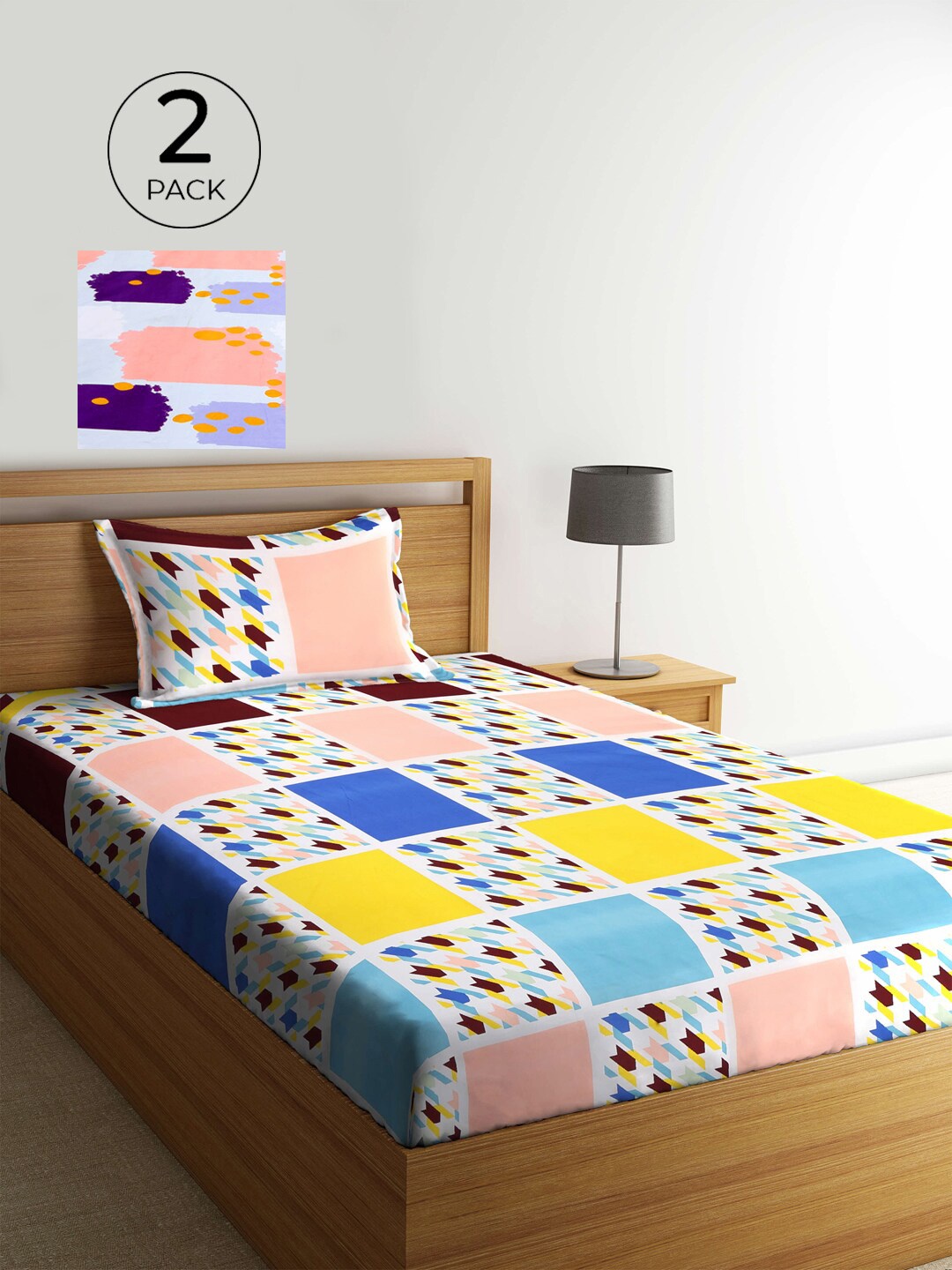 

KLOTTHE Pack of 2 Multicoloured Geometric 210 TC Single Bedsheet & Pillow Covers, Multi
