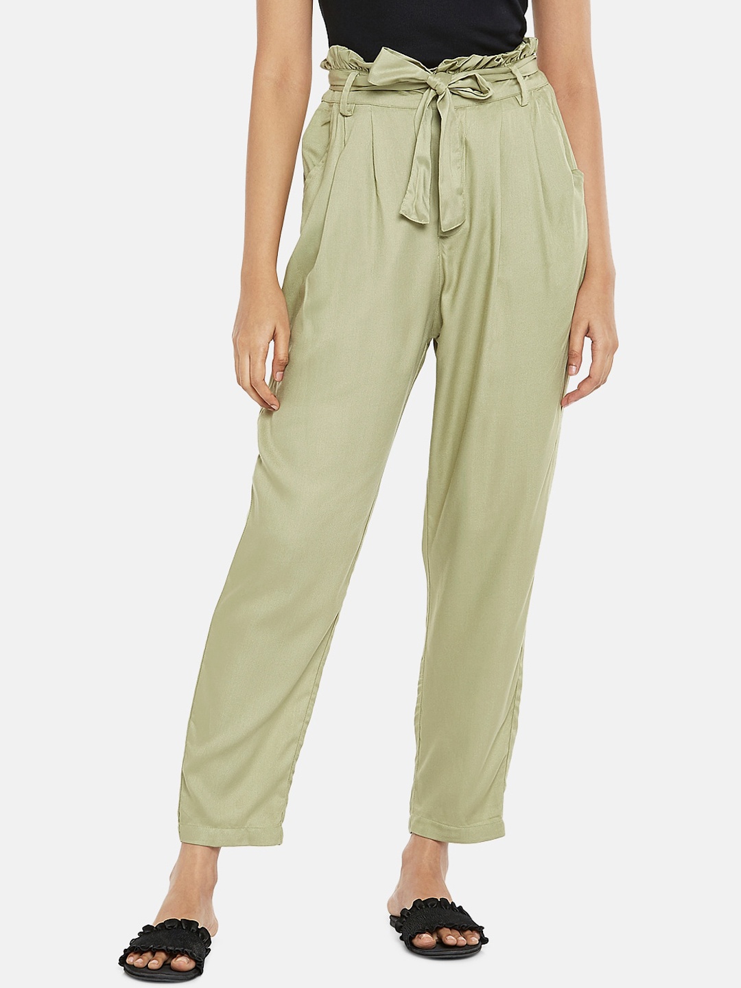 

People Women Olive Green High-Rise Pleated Trousers