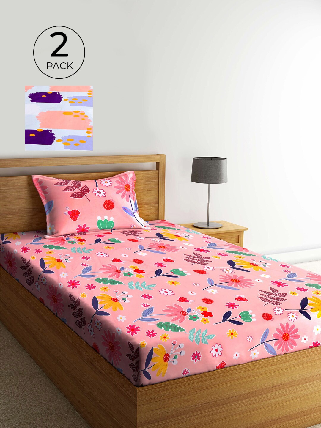 

KLOTTHE Pack of 2 Multicoloured Floral 210 TC Single Bedsheet with Pillow Covers, Multi