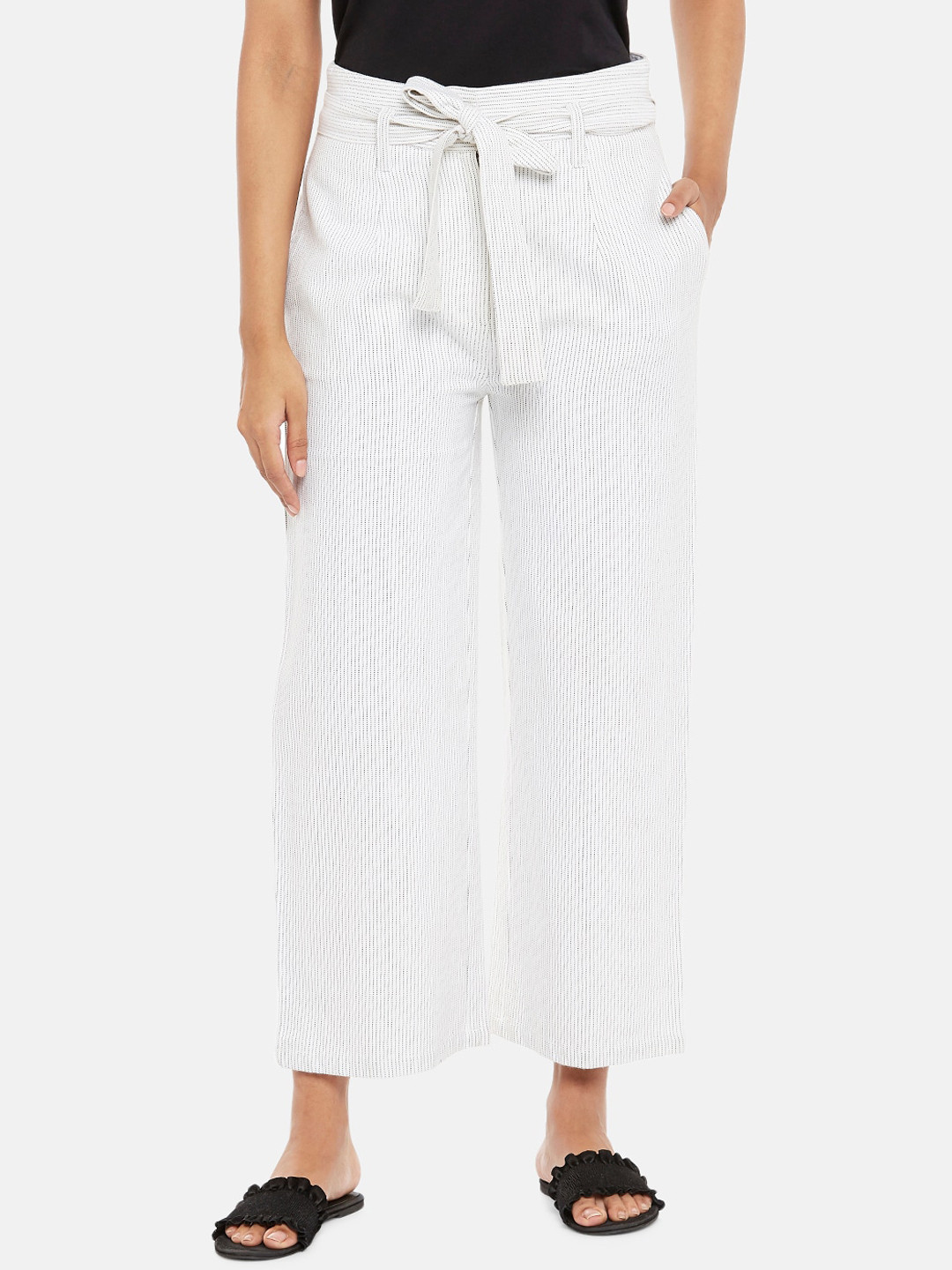 

People Women Off White Striped High-Rise Cotton Parallel Trousers