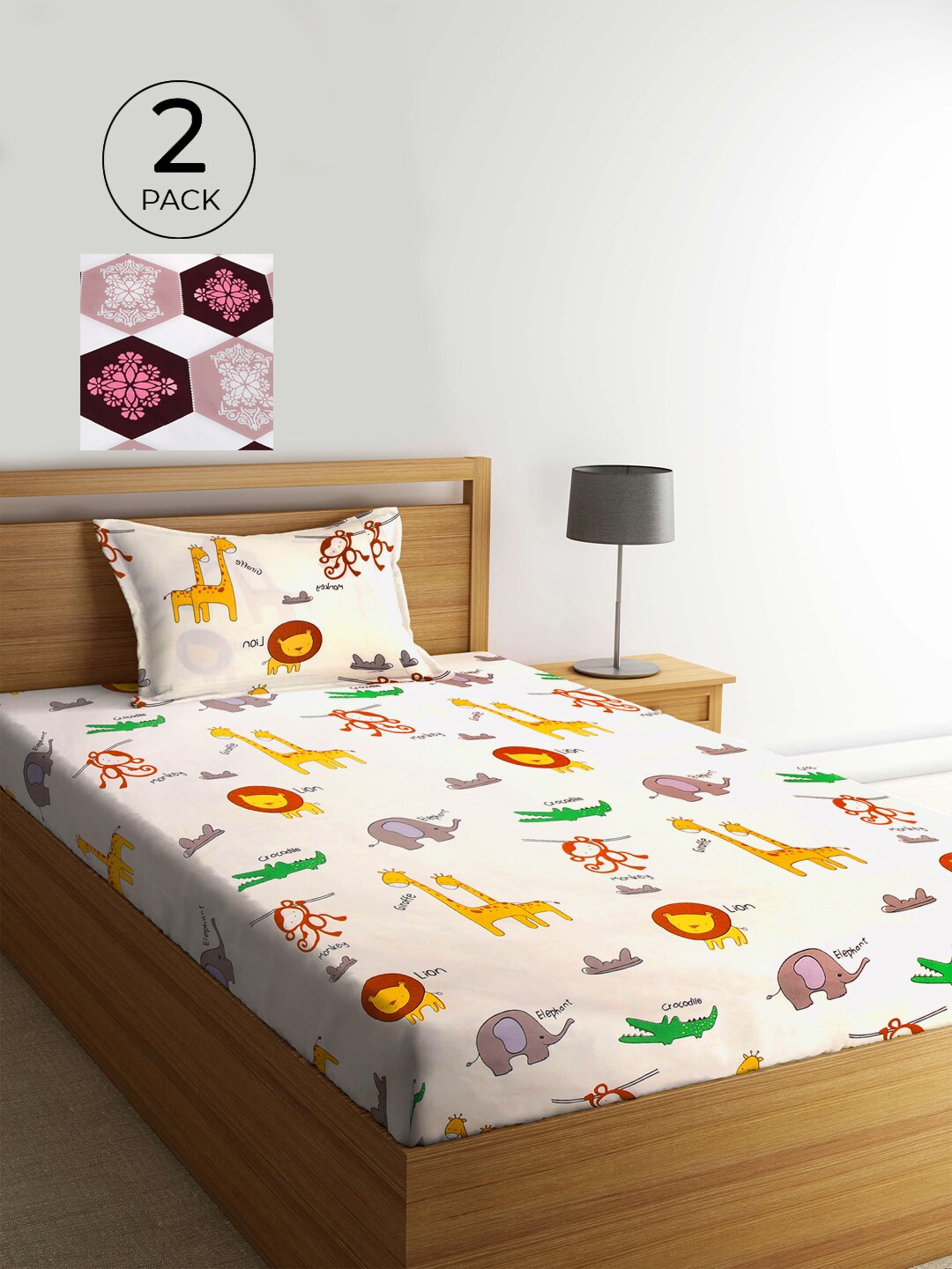 

KLOTTHE Pack of 2 Multicoloured Graphic 210 TC Single Bedsheet with Pillow Covers, Multi