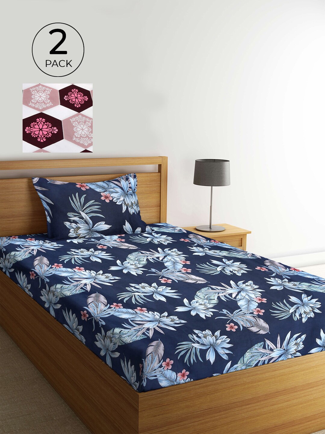 

KLOTTHE Pack of 2 Multicoloured Floral 210 TC Single Bedsheet with Pillow Covers, Multi