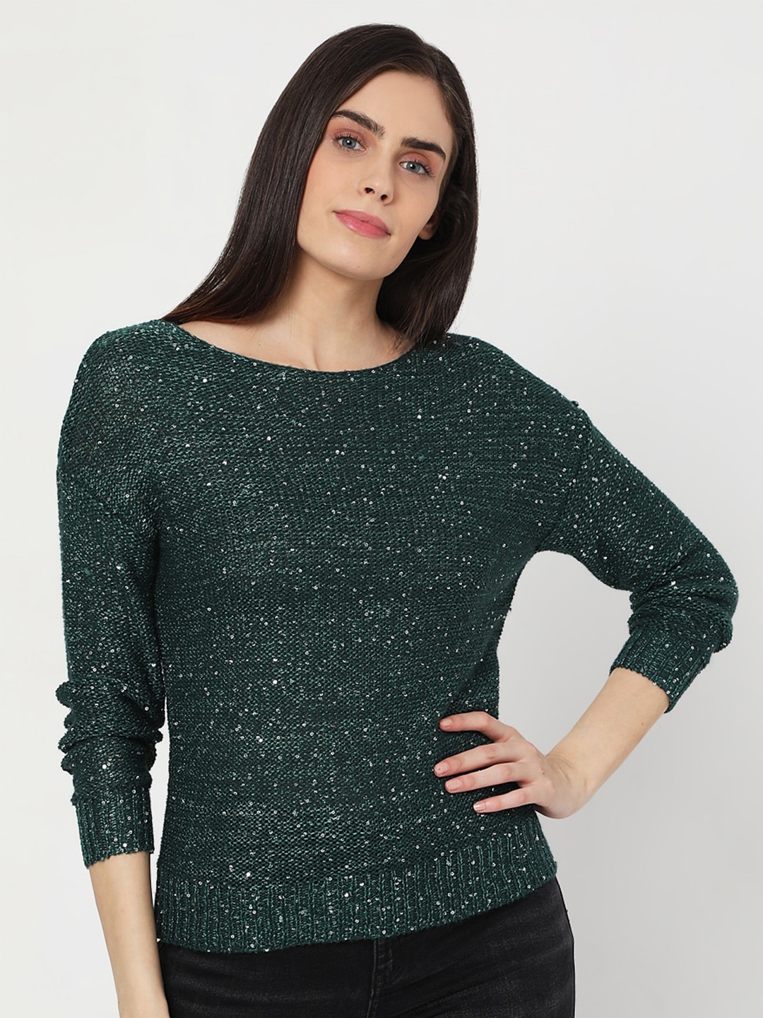 

Vero Moda Women Green Embellished Pullover