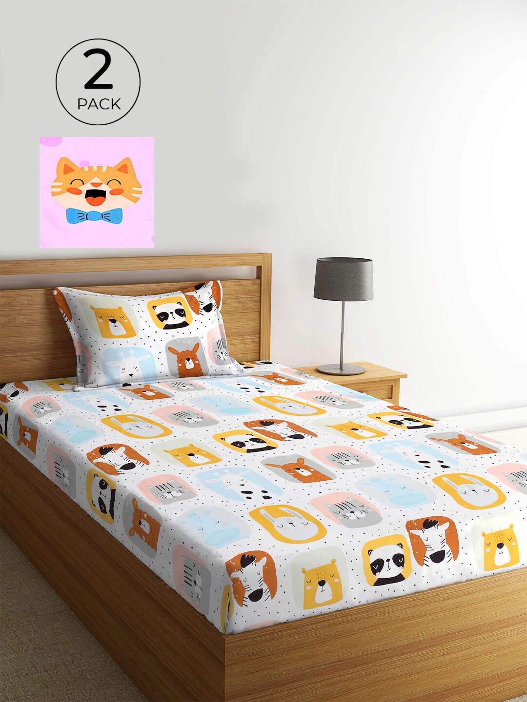 

KLOTTHE Pack of 2 Multicoloured Cartoon Characters 210 TC Single Bedsheet & Pillow Covers, Multi