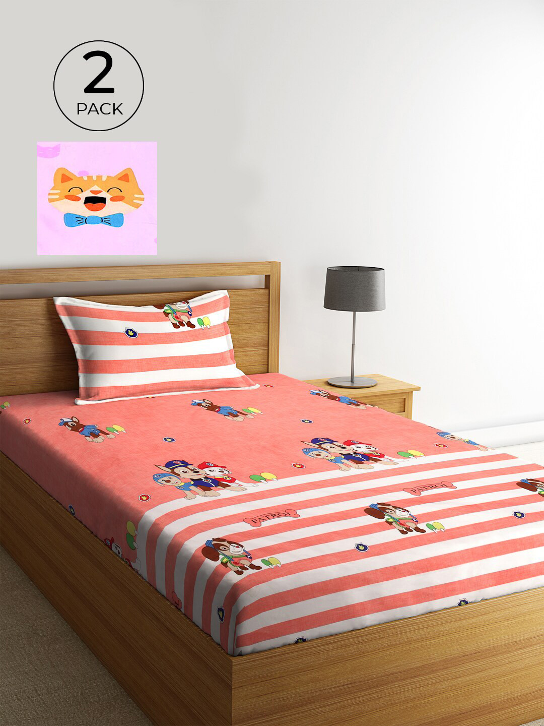 

KLOTTHE Pack of 2 Multicoloured Cartoon Characters 210 TC Single Bedsheet & Pillow Covers, Multi
