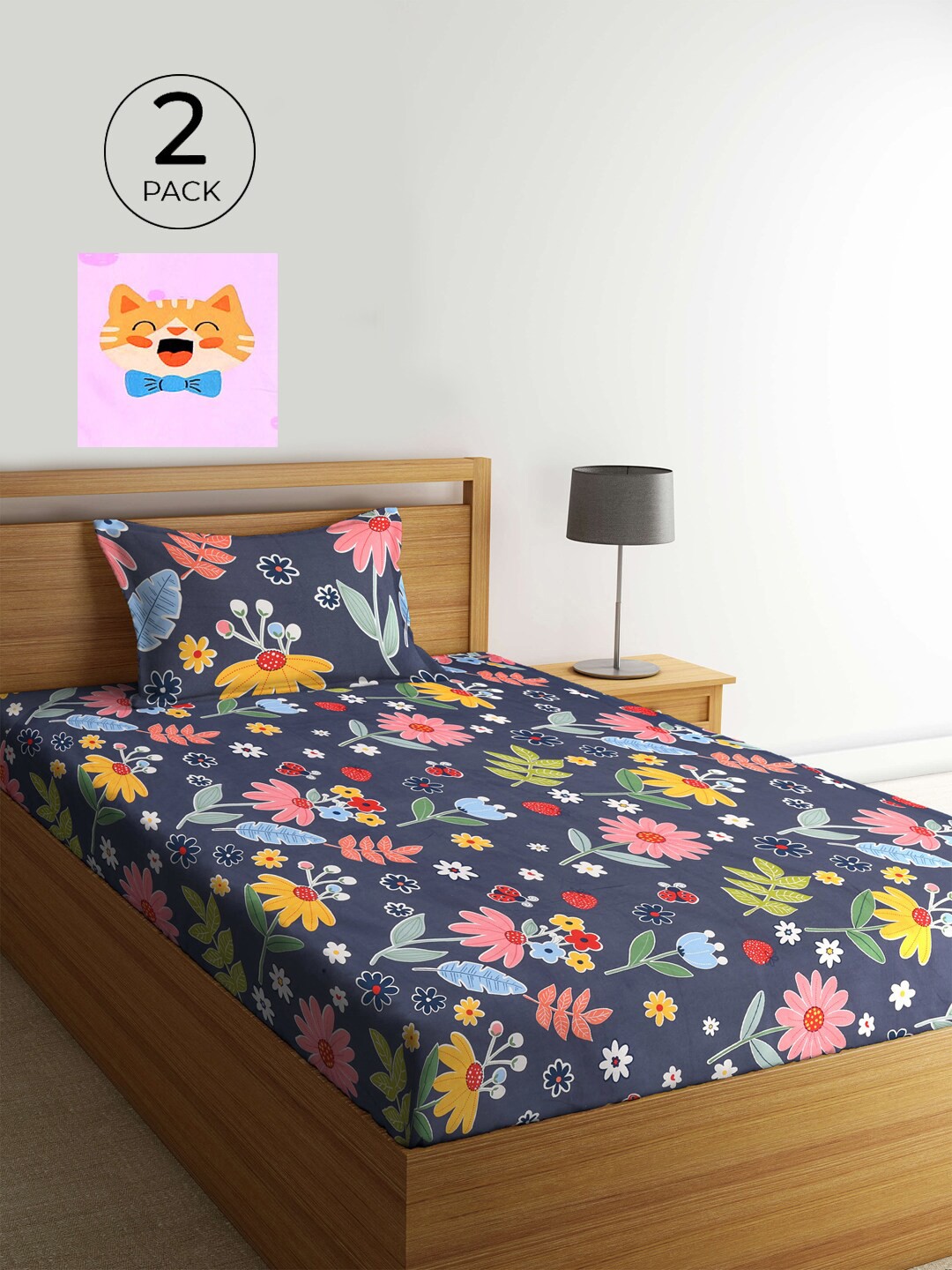 

KLOTTHE Pack of 2 Multicoloured Floral 210 TC Single Bedsheet with Pillow Covers, Multi