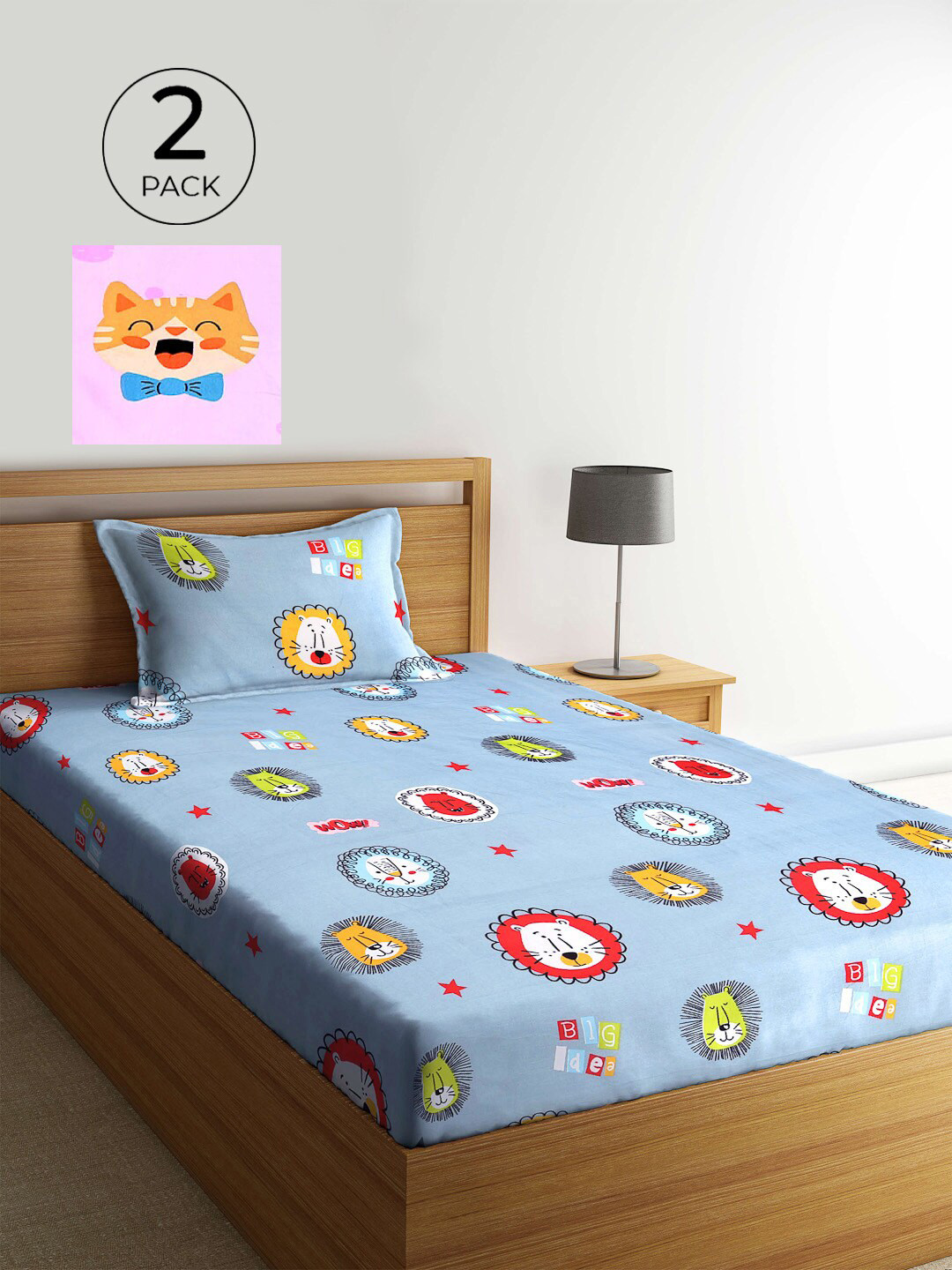 

KLOTTHE Pack of 2 Multicoloured Cartoon Characters 210 TC Single Bedsheet & Pillow Covers, Multi