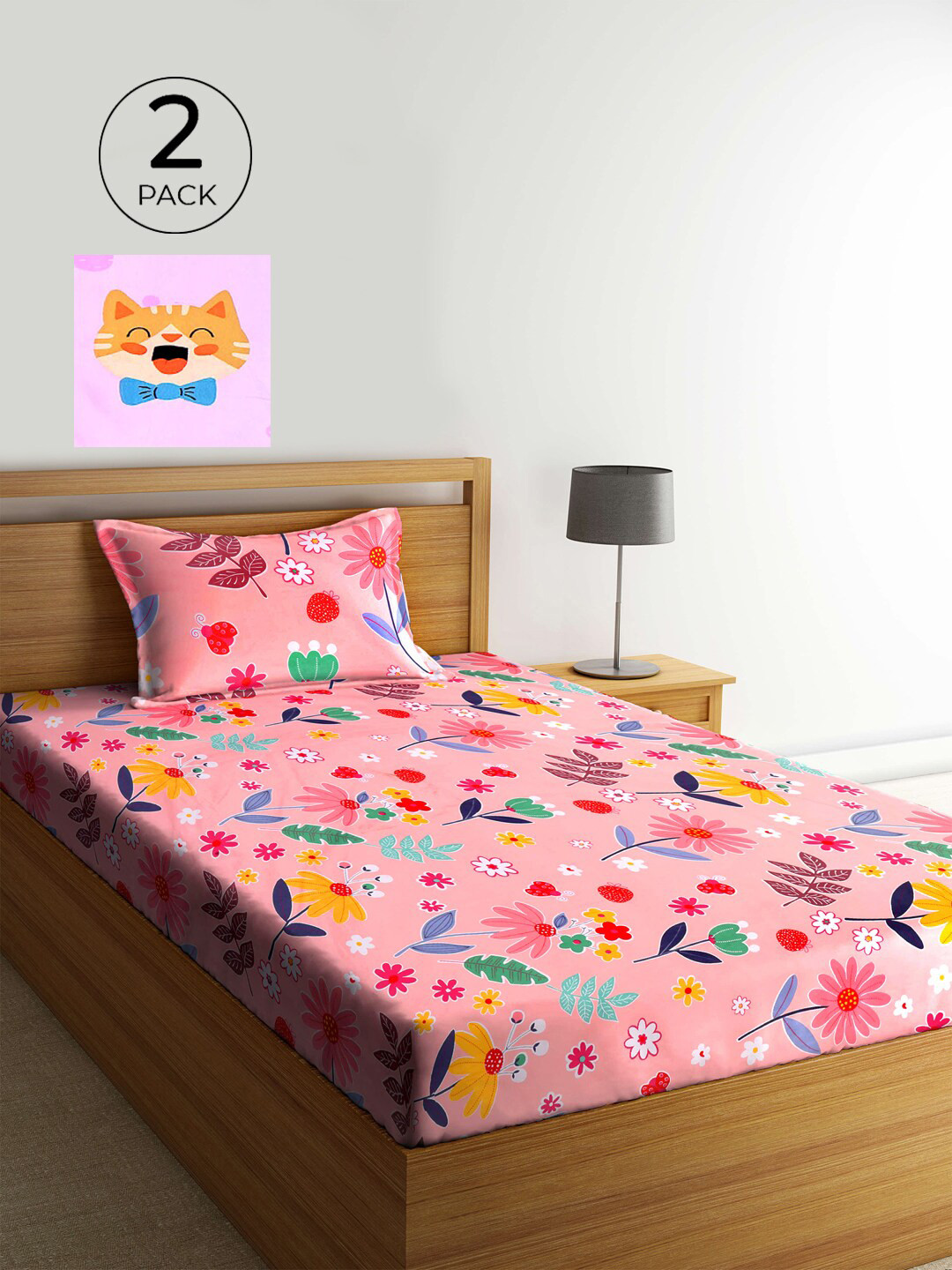 

KLOTTHE Pack of 2 Multicoloured Floral 210 TC Single Bedsheet with Pillow Covers, Multi