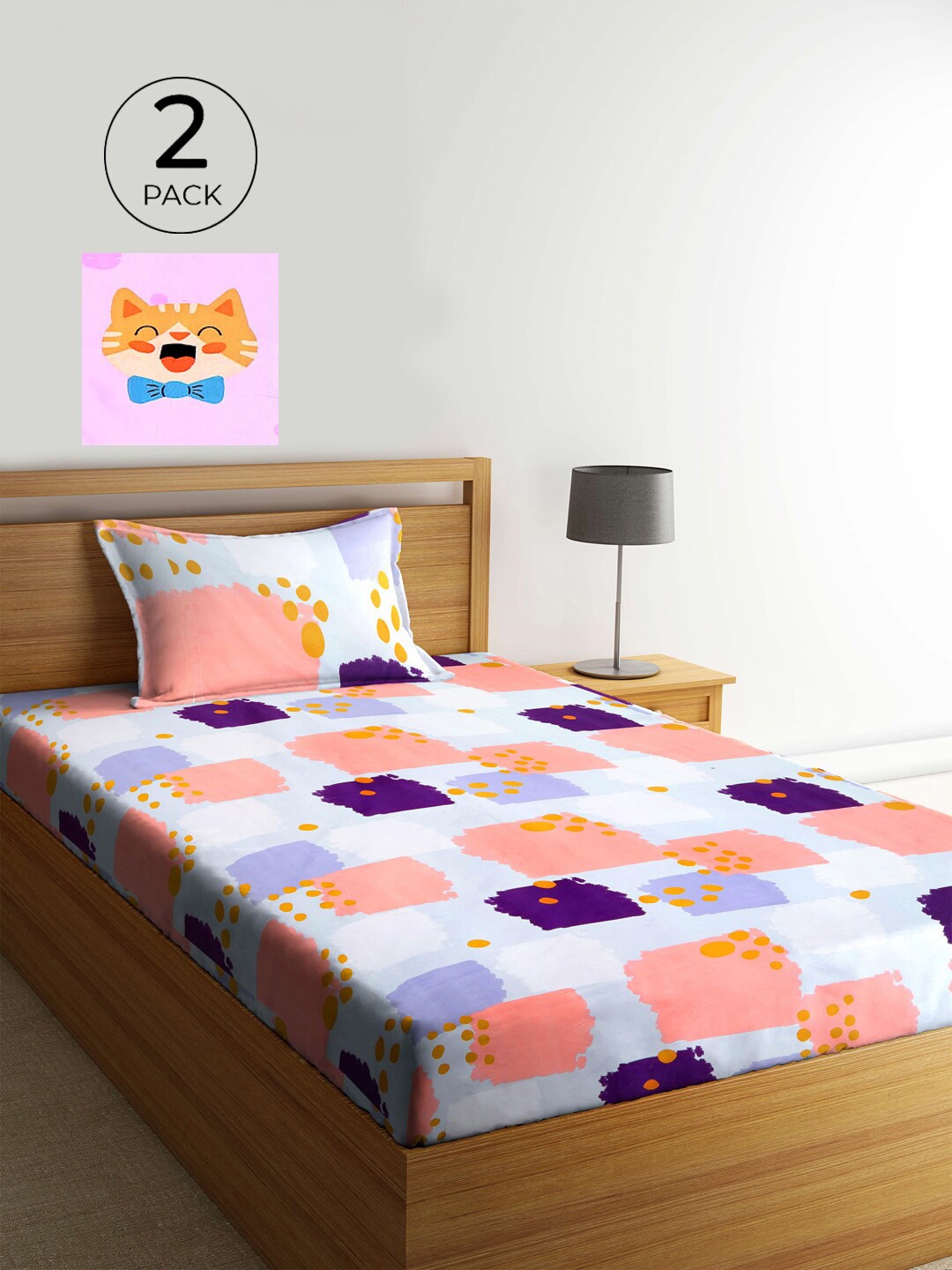 

KLOTTHE Pack of 2 Multicoloured Graphic 210 TC Single Bedsheet & Pillow Covers, Multi