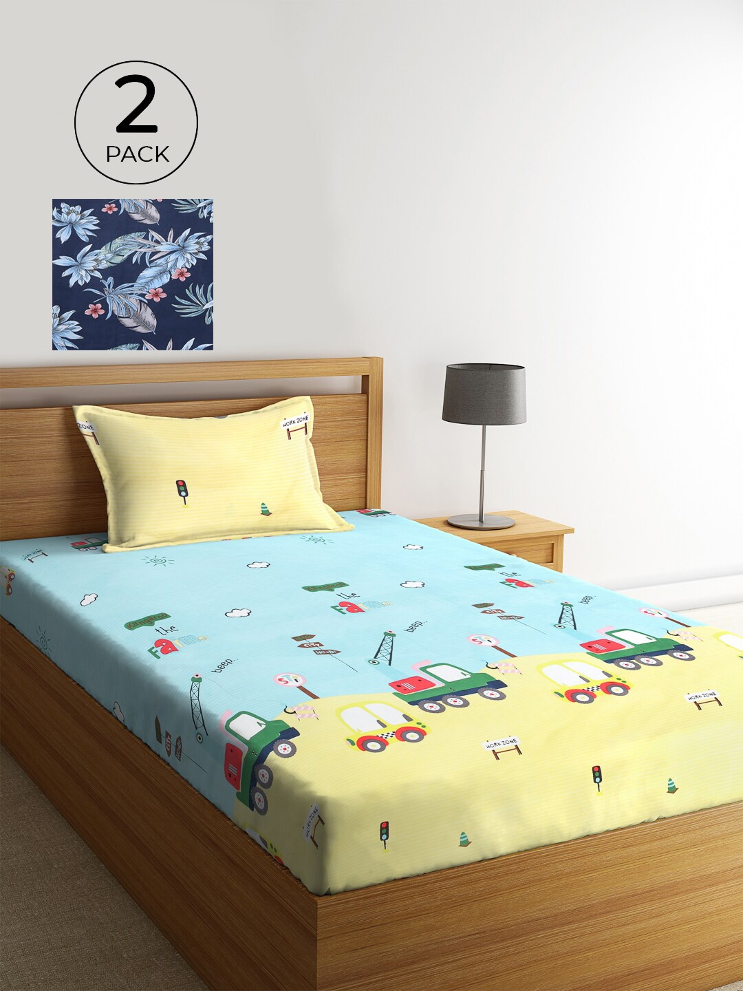 

KLOTTHE Cartoon Characters Printed 300 TC 2 Single Bedsheet with 2 Pillow Covers, Blue