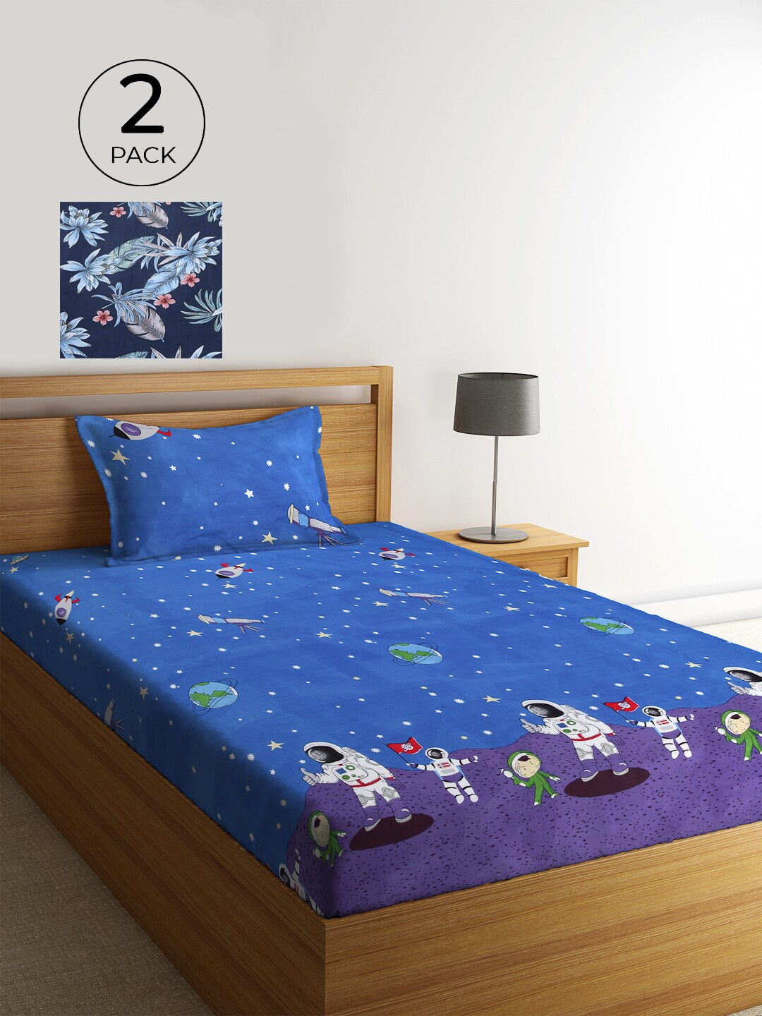 

KLOTTHE Blue & Grey Floral 210 TC 2 Single Bedsheet with 2 Pillow Covers