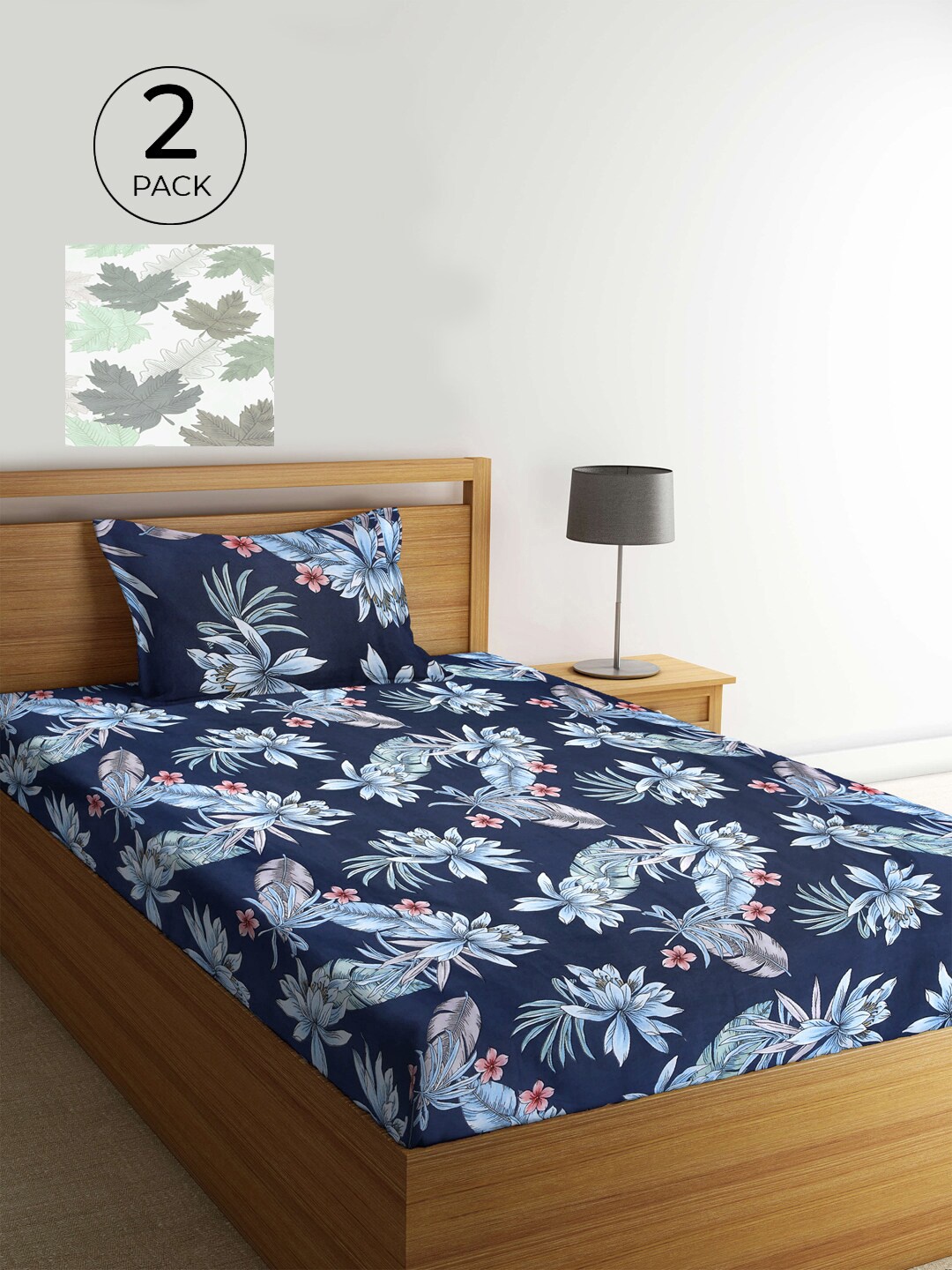 

KLOTTHE Navy Blue & Grey Floral 210 TC 2 Single Bedsheet with 2 Pillow Covers