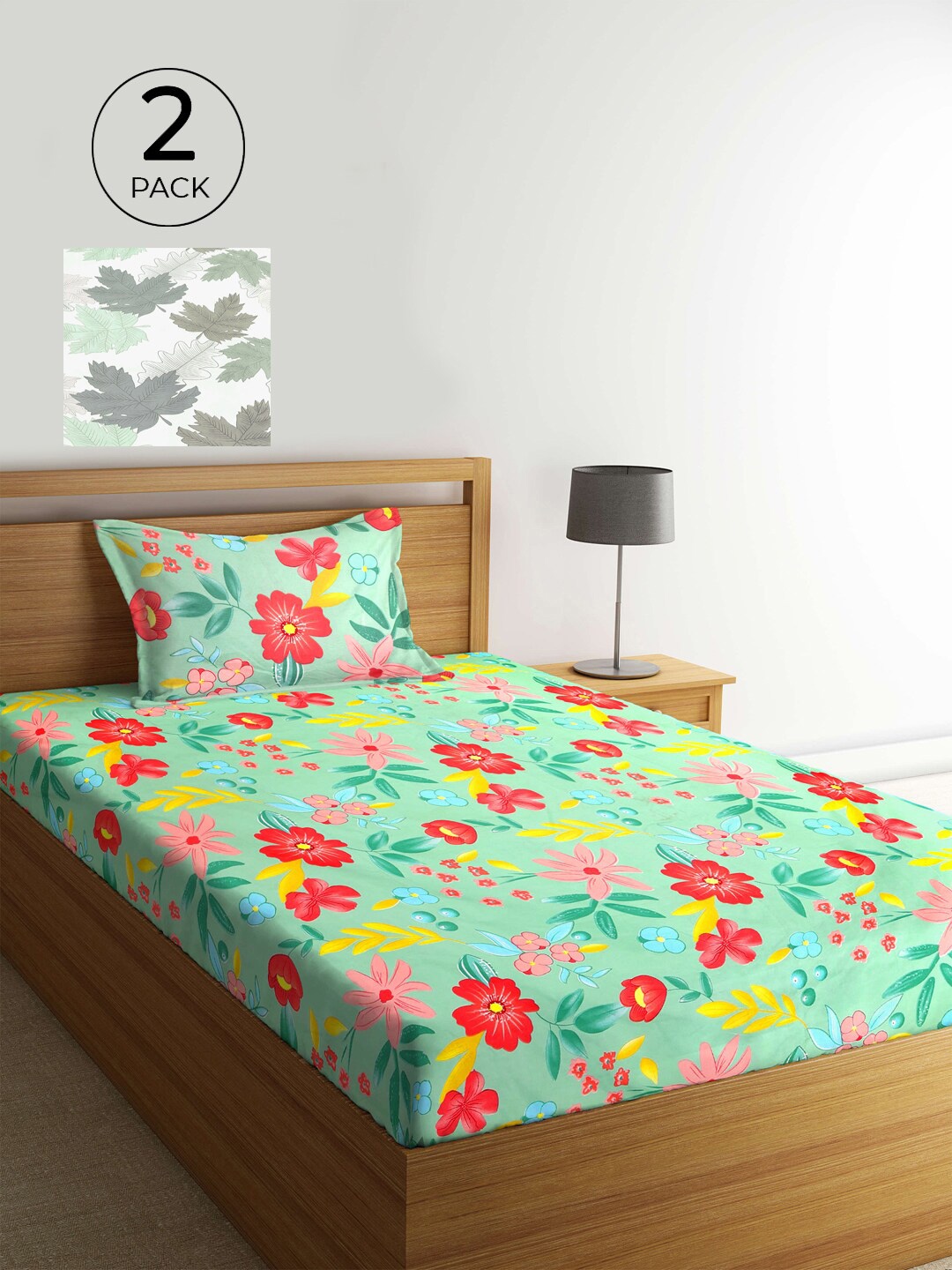 

KLOTTHE Green & Grey Floral 210 TC 2 Single Bedsheet with 2 Pillow Covers