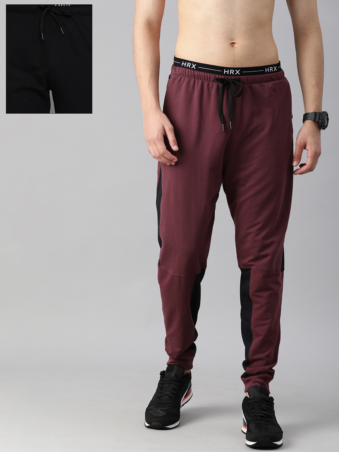 

HRX by Hrithik Roshan Men Pack of Bio-Wash Colourblocked Lifestyle Joggers & Track Pants, Burgundy
