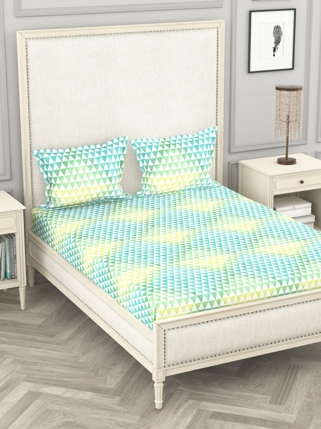 

BIANCA Green & Yellow Geometric 110 TC Queen Bedsheet with 2 Pillow Covers
