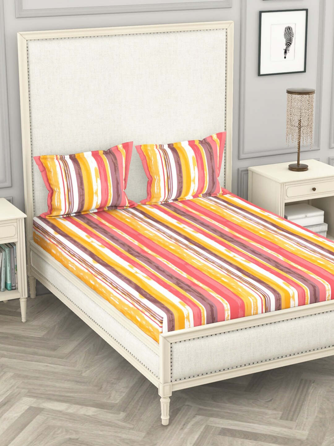 

BIANCA Pink & Yellow Striped 110 TC Queen Bedsheet with 2 Pillow Covers
