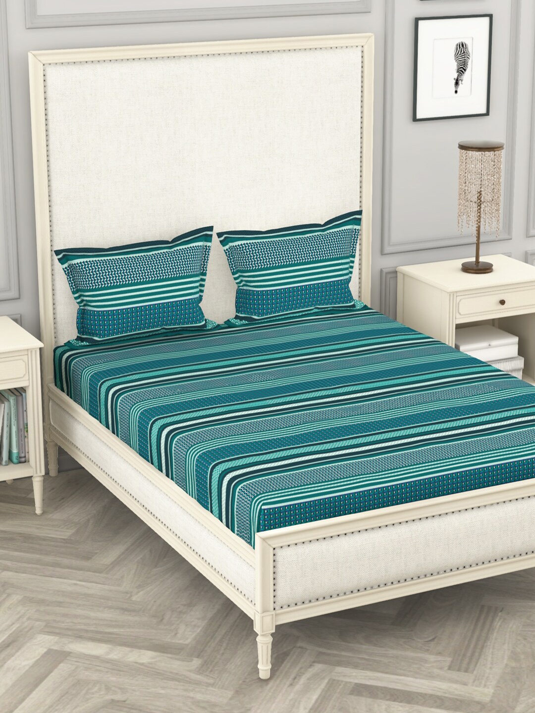 

BIANCA Teal Geometric 110 TC Queen Bedsheet with 2 Pillow Covers