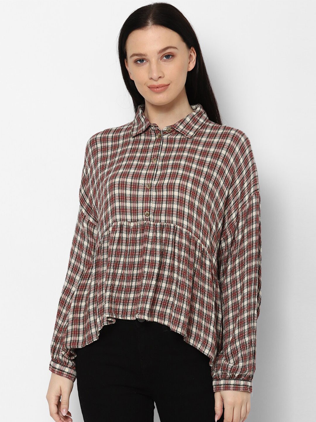 

AMERICAN EAGLE OUTFITTERS Maroon & White Checked Shirt Style Top
