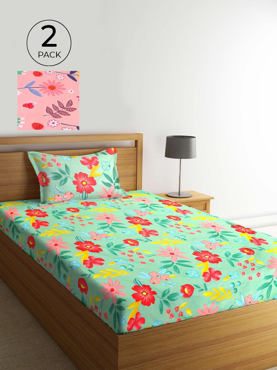

KLOTTHE Pink & Yellow Floral 210 TC 2 Single Bedsheet with 2 Pillow Covers