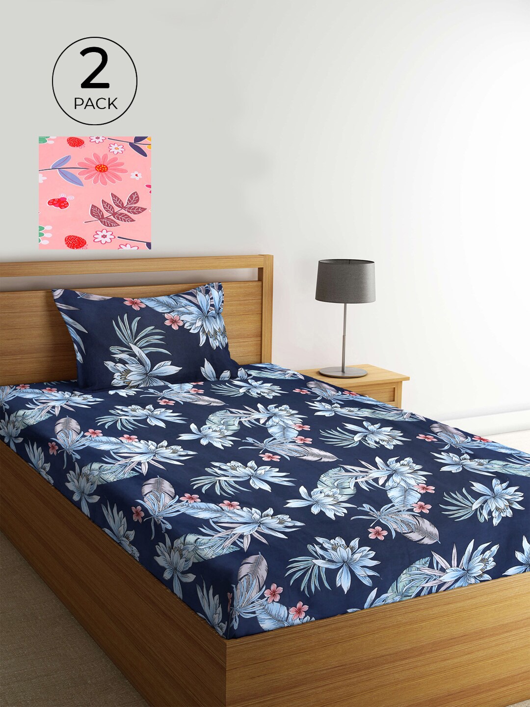 

KLOTTHE Navy Blue & Pink Floral 300 TC 2 Single Bedsheet with 2 Pillow Covers