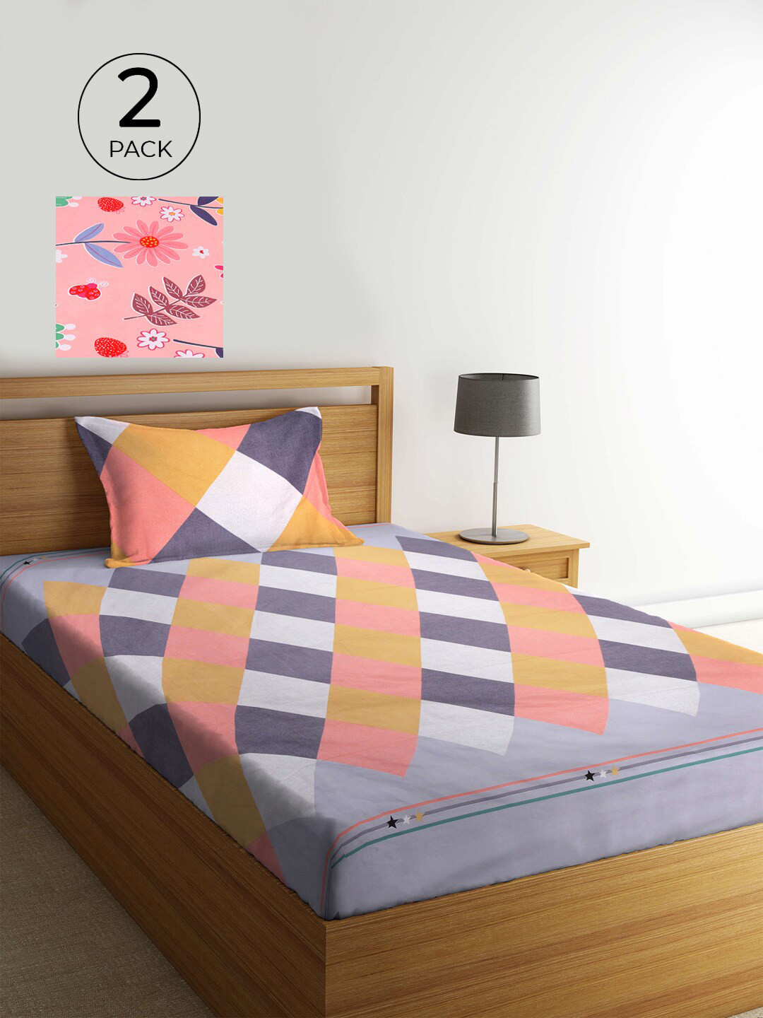 

KLOTTHE Grey & Pink Geometric 210 TC 2 Single Bedsheet with 2 Pillow Covers