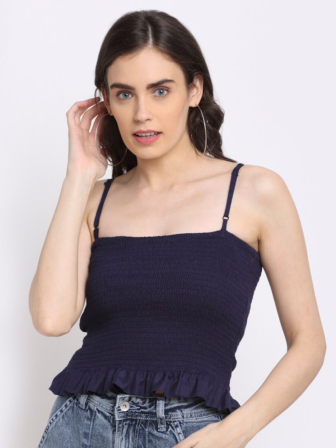 

NEUDIS Smocked Ruffle Fitted Crop Top, Navy blue