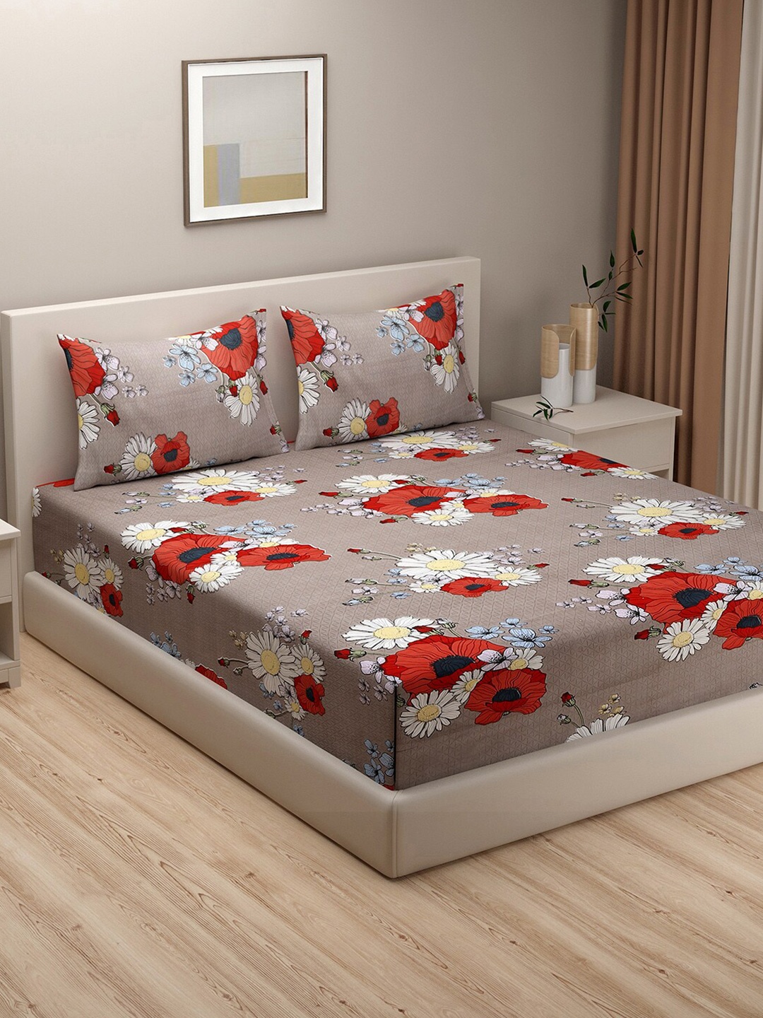 

SWAYAM Grey & Red Floral 180 TC King Bedsheet with 2 Pillow Covers