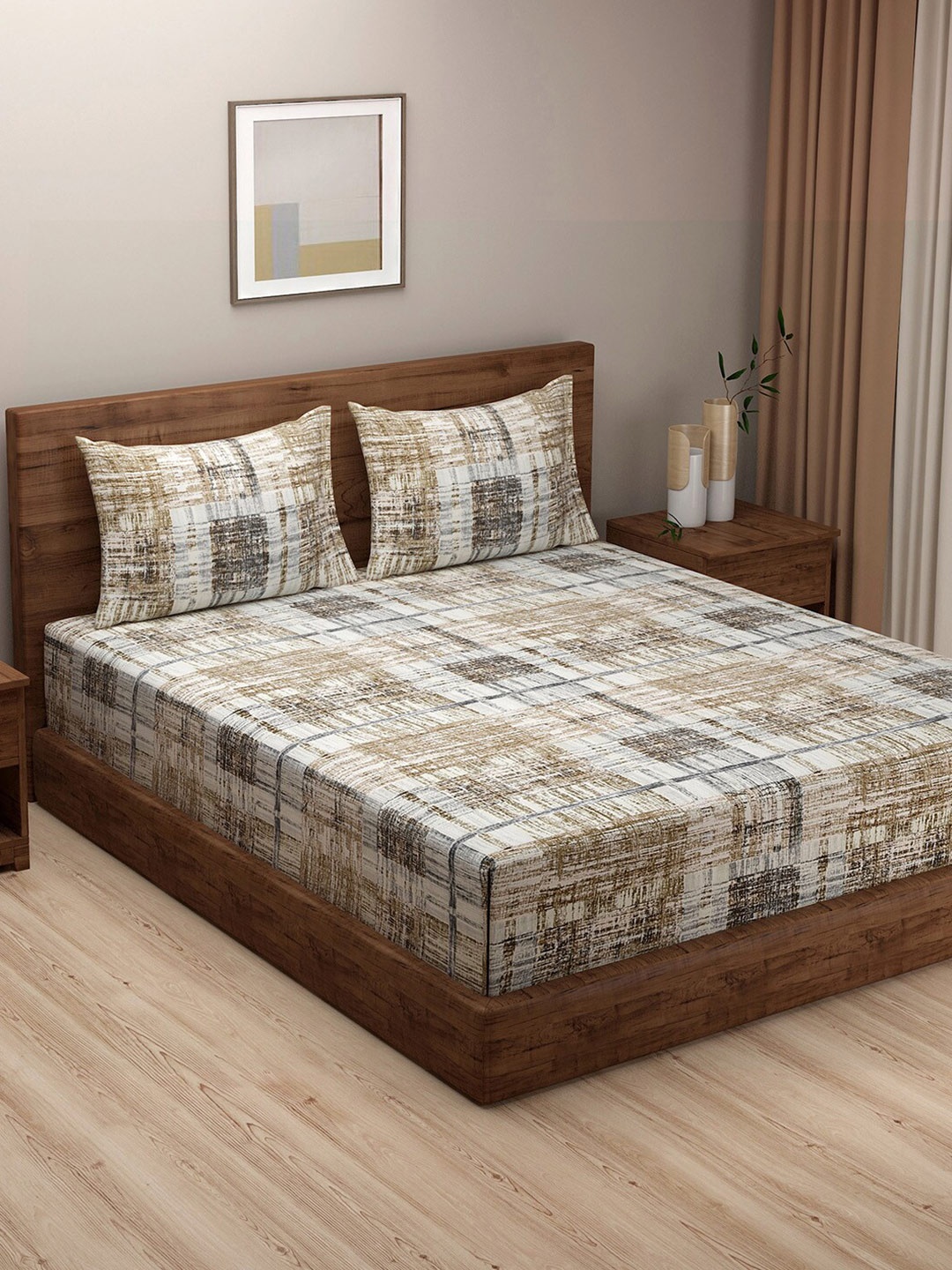 

SWAYAM Brown & Grey 180 TC King Bedsheet with 2 Pillow Covers