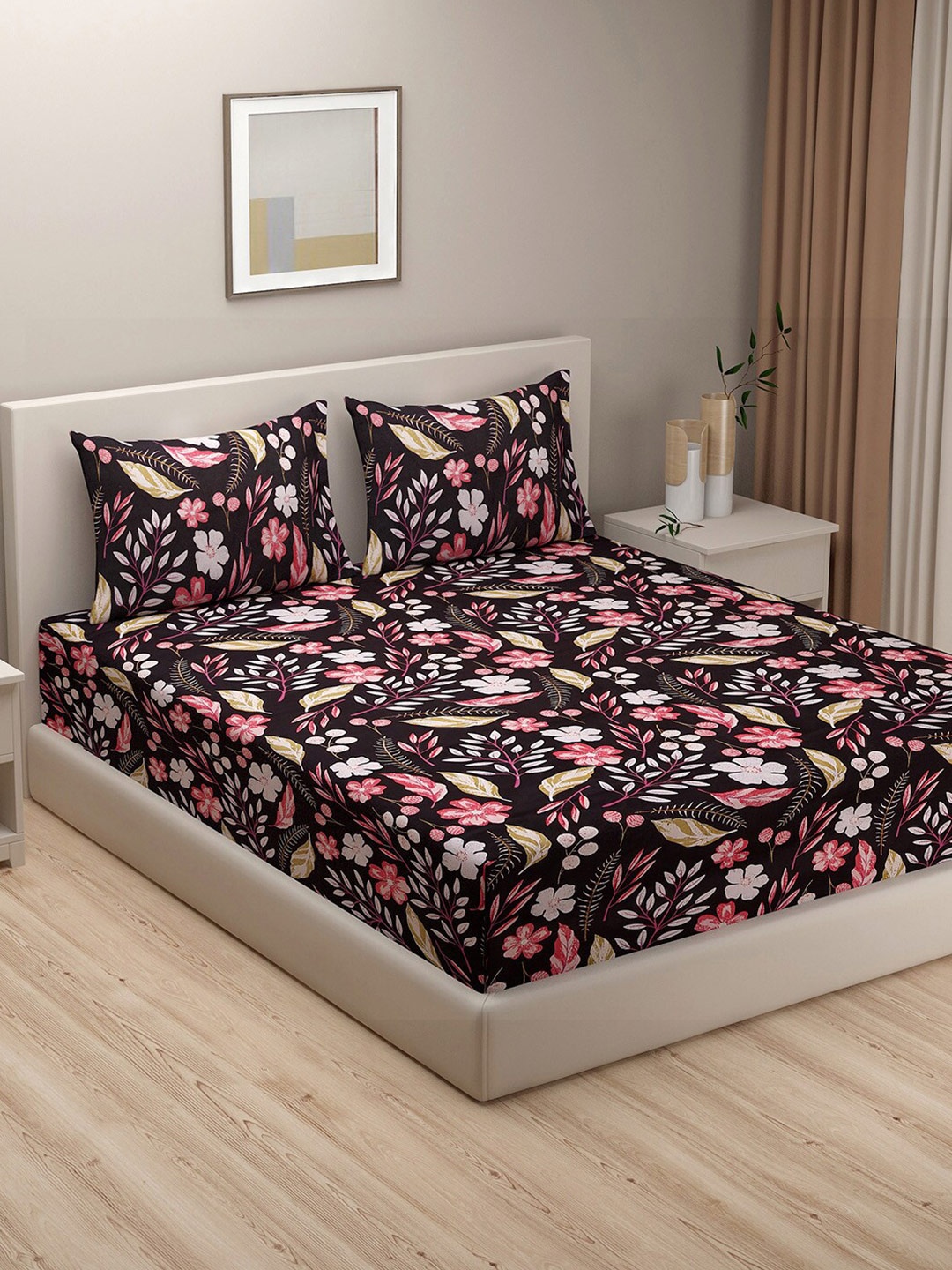 

SWAYAM Black & Peach-Coloured Floral 180 TC King Bedsheet with 2 Pillow Covers