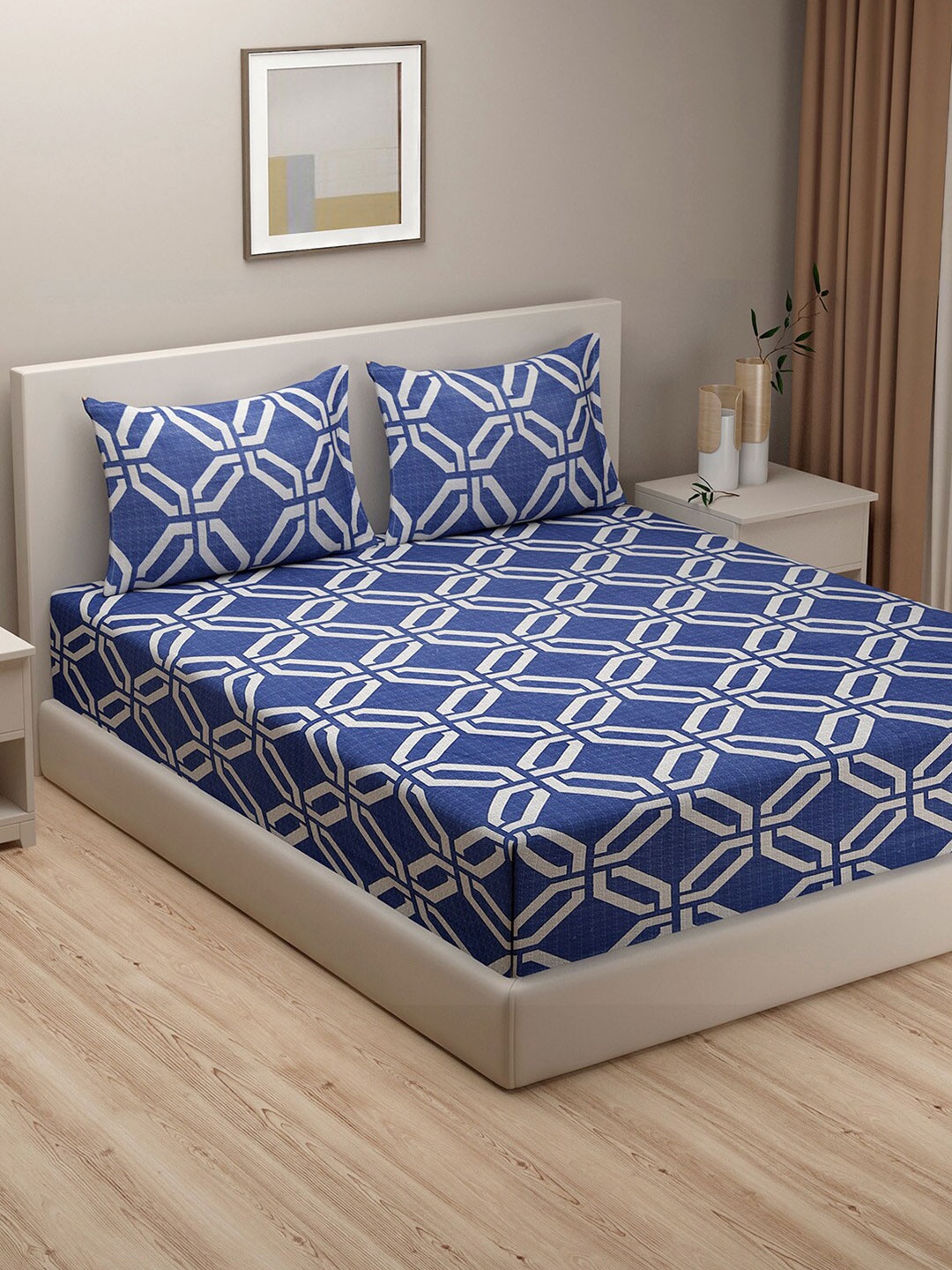 

SWAYAM Blue & White Geometric 180 TC King Bedsheet with 2 Pillow Covers