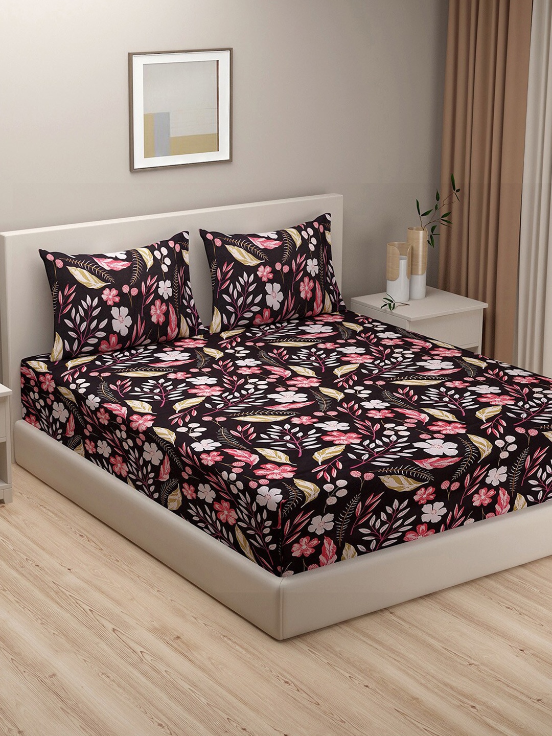 

SWAYAM Brown & Peach-Coloured Floral 180 TC King Bedsheet with 2 Pillow Covers